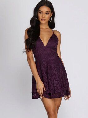 Honey and Rosie Women's Purple Glitter Lace Skater Dress - Small ~ EUC